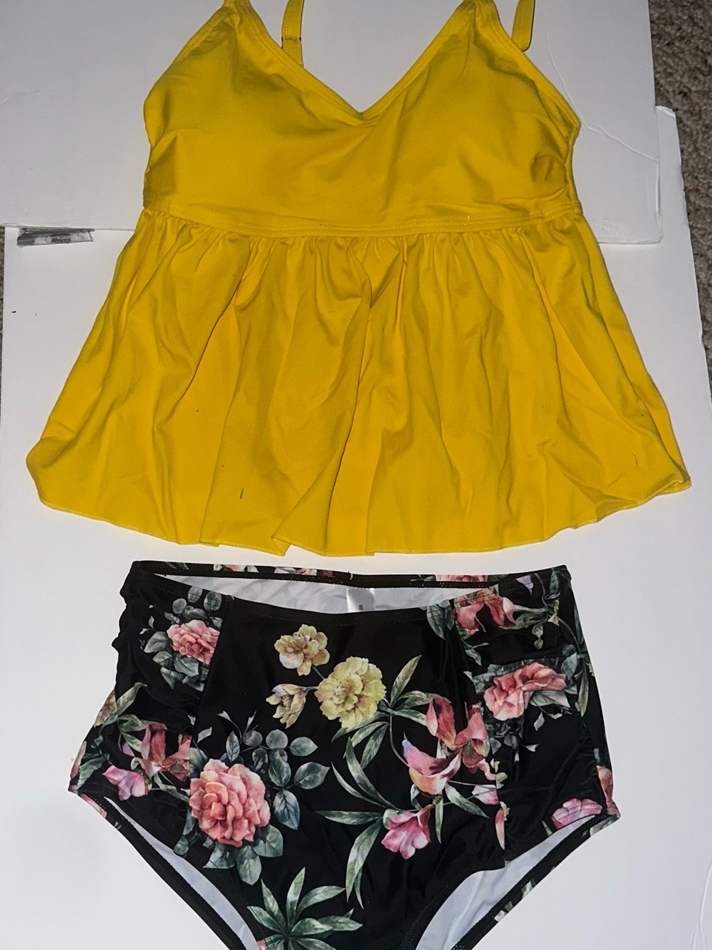 Mustard Yellow Tankini Top with High-Waist Floral Bikini Bottoms